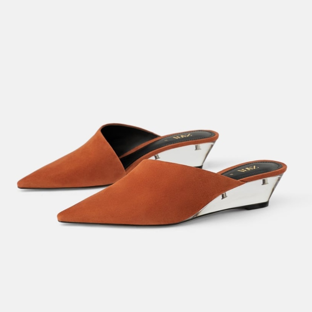 Zara Genuine Leather Wedges with Methacrylate Heel with Box NWT